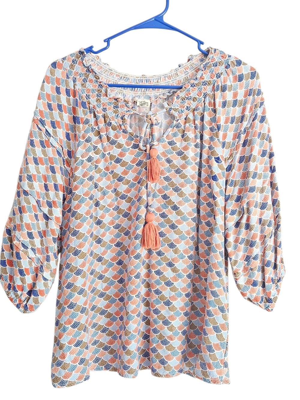 Ivy Jane Peach & Blue Scallop Print Peasant Tunic Size XS